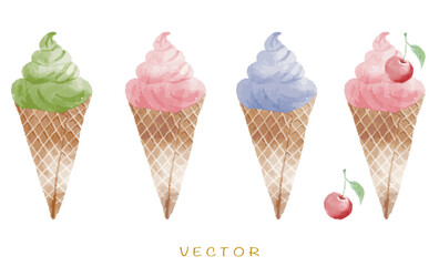 Vector watercolor ice cream cone,cherries ice cream,macha and blueberry 