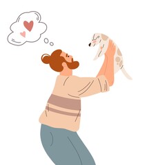 happy man hugging little dog. man holding a dog. flat illustration isolated on white background
