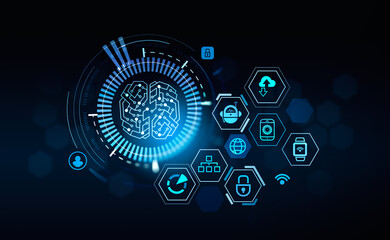 Brain icon and digital icons circuit, machine learning