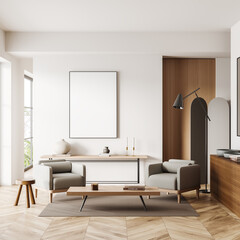 Light interior with two chairs and drawer, decoration and mockup frame