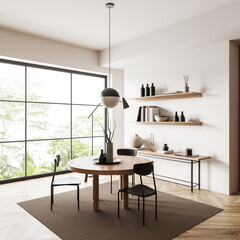 Modern dining room interior with chairs and table, panoramic window