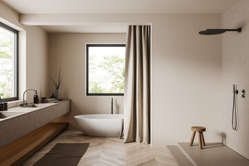 Fototapeta na wymiar Light bathroom interior with tub, douche and sink near panoramic window