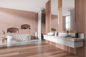 Modern bathroom interior with sink and bathtub, decoration with bath accessories