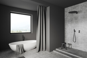 Naklejka na ściany i meble Grey bathroom interior with tub, douche and panoramic window