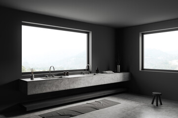 Grey bathroom interior with sink and panoramic window, accessories on deck