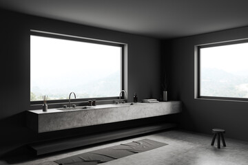 Fototapeta premium Grey bathroom interior with sink and panoramic window, accessories on deck