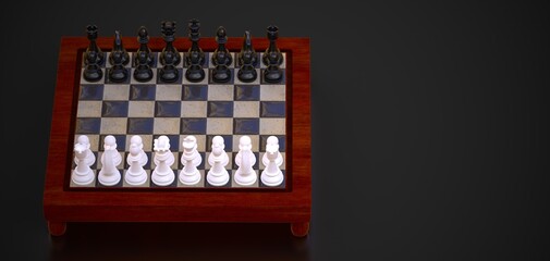 chess pieces on a chess board top view with copy space 3D computer generated image