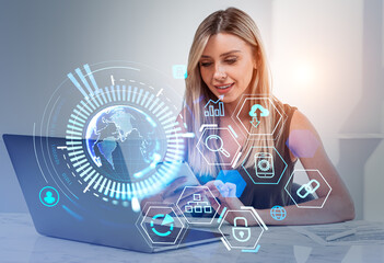 Businesswoman with smartphone, earth sphere and digital icons, global connection