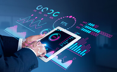 Businessman finger touch tablet, forex graph chart with analytics