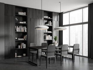 Fototapeta premium Meeting room interior with chairs and shelf with decoration, panoramic window
