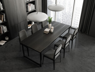 Top view of meeting interior with chairs and table, panoramic window