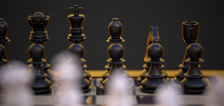 chess pieces on a chess board close-up 3D computer generated image