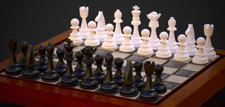 chess pieces on a chess board 3D computer generated image