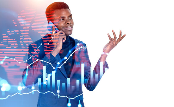 African businessman call on the phone, diagrams with earth map - Powered by Adobe