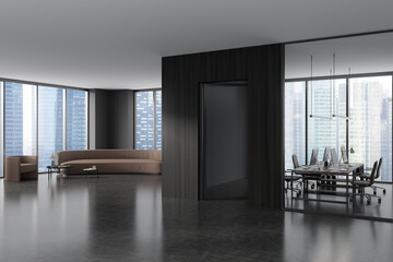 Business interior with lounge and coworking zone, panoramic window on city view