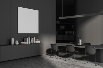 Grey living room interior with table and chairs, drawer and mockup frame
