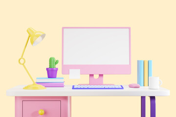 Workspace with pc desktop, work desk and mockup display