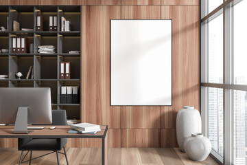 Stylish office room interior with desk and shelf, panoramic window. Mockup frame
