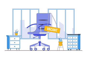 Labor shortage, need worker, not enough skill staff to fill job vacancy, help wanted, employment demand, business hiring and recruiting concepts. Workplace, workspace and office chair with sign vacant