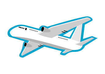 White airplane travel flying in blue sticker icon flat vector design.