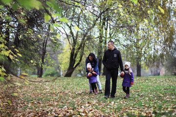 Naklejka na ściany i meble Leaf fall in the park. Children for a walk in the autumn park. Family. Fall. Happiness.