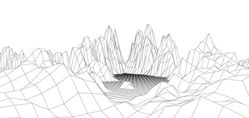 Digital wireframe landscape. Wireframe terrain polygon landscape design. Digital cyberspace in mountains with valleys. Vector illustration.