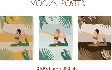 A set of three posters of yogini girls in the style of faceless, a poster for a yoga center, a banner. Vector file.