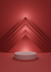 Bright maroon, dark red 3D illustration simple, minimal product display with one cylinder stand with abstract pyramid triangle and lights at the top in the background