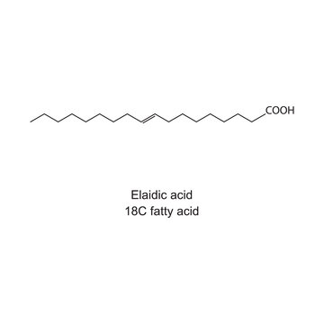 Elaidic acid (18 carbon fatty acid) chemical structure on white background.