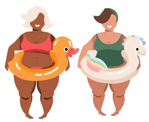 Girls and swimming rings. Chubby ladies in swimsuits. Female characters. Colourful pool rings - unicorn and yellow bath duck. Summer concept. Body positive modern illustration for web and print use.