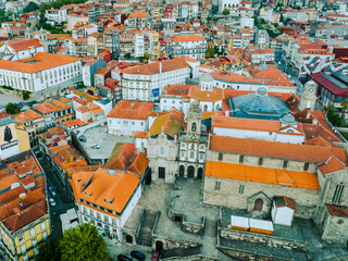 Porto Portugal Aerial View. Dom Luis Bridge at Sunrise. Porto, Portugal. Cityscape of Downtown Touristic Ribeira. Olt Town. Douro River.