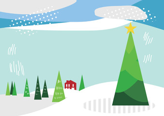 クリスマス　モミの木と雪景色のイラスト素材