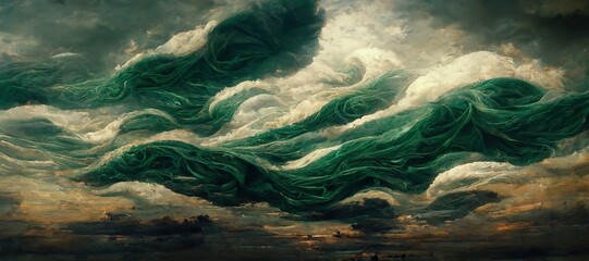 Fototapeta premium Vast panoramic fantasy cloudscape in emerald green colors, mesmerizing flowing ocean of surreal fabric folds stylized in renaissance inspired oil paint. 
