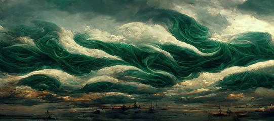 Poster Vast panoramic fantasy cloudscape in emerald green colors, mesmerizing flowing ocean of surreal fabric folds stylized in renaissance inspired oil paint.   © SoulMyst