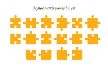 Jigsaw puzzle pieces full set. Design elements. 16 different pieces of puzzle. Outline vector icon on white background	