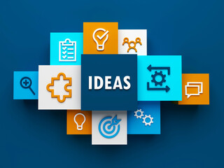 3D render of top view of IDEAS business concept with colorful cubes on dark blue background