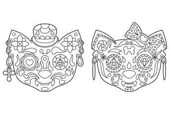 Cat sugar skulls. The day of the Dead. Coloring book, design element for poster, postcard, banner, print.