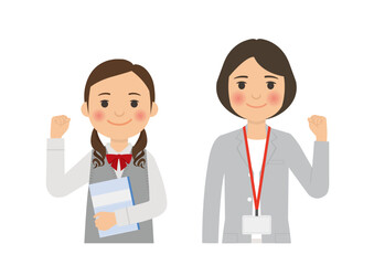 女子生徒と女性教師のガッツポーズ