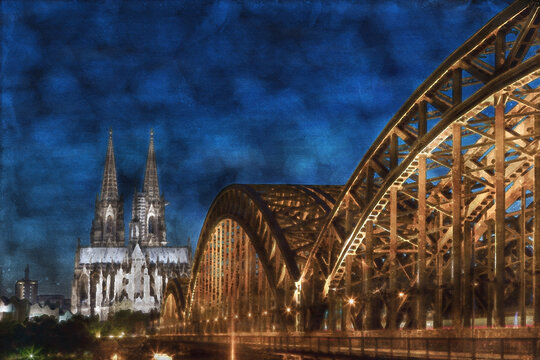 Aquarell von der Hohenzollernbrücke und Kölner Dom bei Nacht