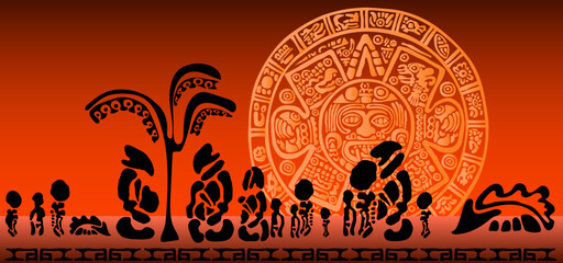 Prehistoric humanoids and their animals against the backdrop of the Mayan calendar