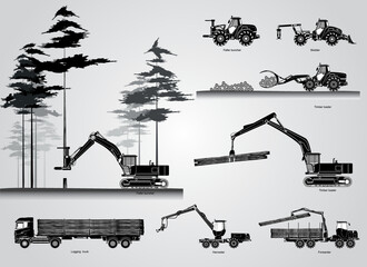 The forestry production machines. Forestry tractors, trucks and loggers hydraulic machinery detailed editable silhouettes illustration collection background vector. Equipment for forestry industry.