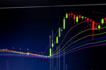 Stock market data on digital LED display. Fundamental and technical analysis with candle stick graph chart of stock market trading to represent about Bullish and Bearish point.