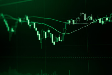 Stock market data on digital LED display. Fundamental and technical analysis with candle stick graph chart of stock market trading to represent about Bullish and Bearish point.
