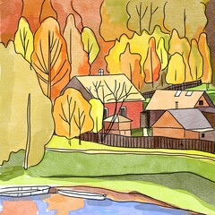 Watercolor drawing of an autumn landscape: rural houses surrounded by forest. - 520317573