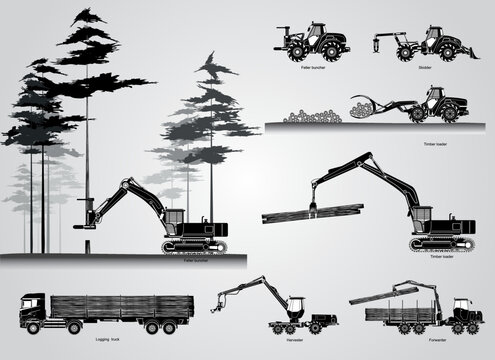 The forestry production machines. Forestry tractors, trucks and loggers hydraulic machinery detailed editable silhouettes illustration collection background vector. Equipment for forestry industry.