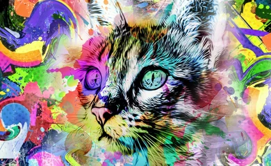 Tuinposter colorful artistic kitty muzzle bright paint splatters on white background color art © reznik_val