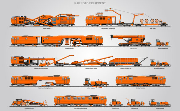 The railroad equipment machines. The railroad construction vehicles.