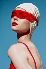 A self-confident stylish young woman in a white swimming cap and red glasses looks at the camera...