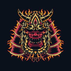 Warrior mask has horns and a blazing fire aura