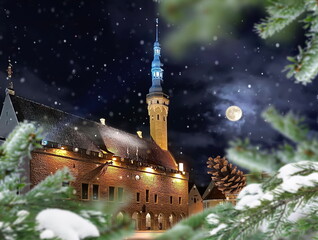 Christmas  Tallinn Old towen sguare green  tree and snowflakes on branch with cones ,Night moon on starry sky  ,medieval  city  , travel to Estonia